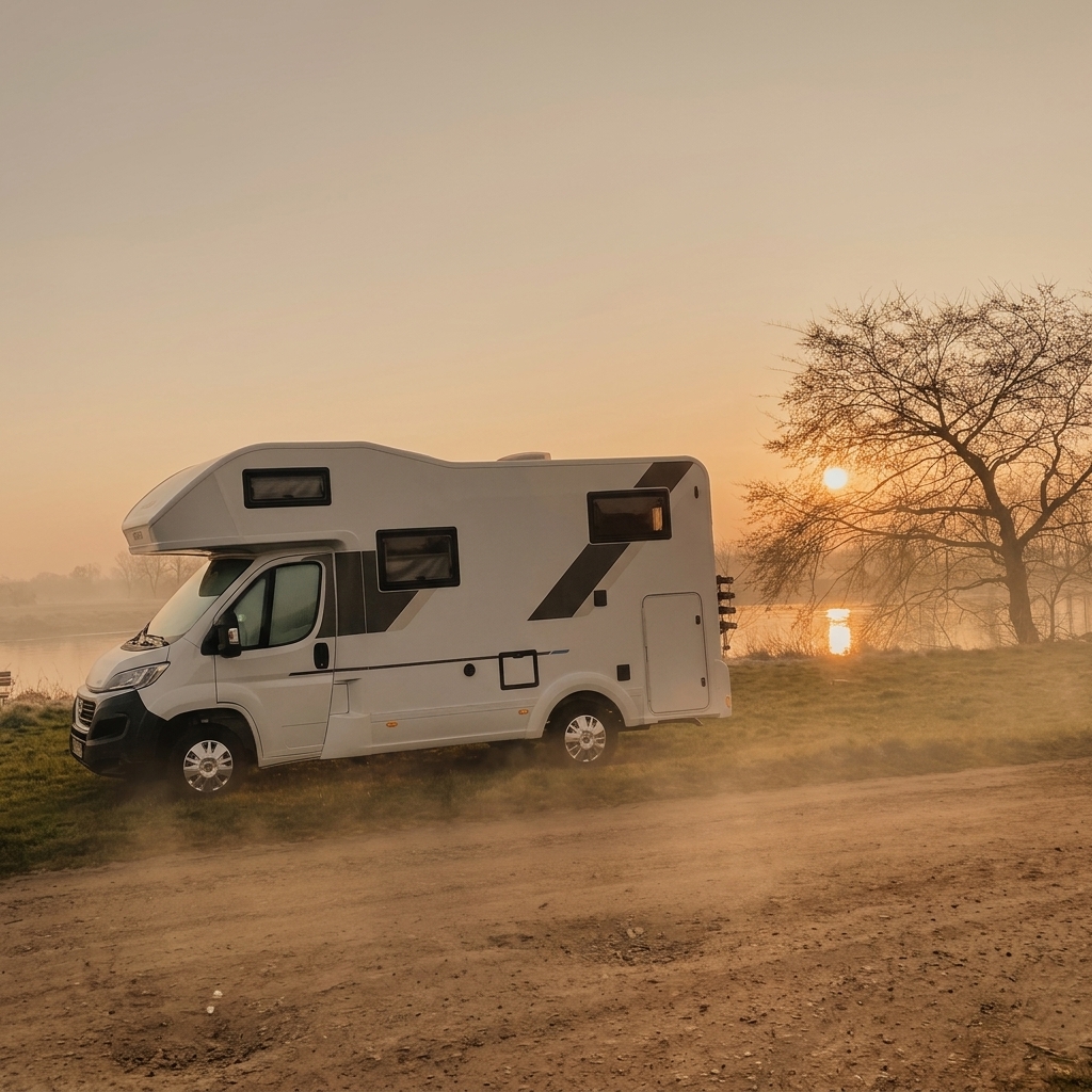 Wohnmobil Seitenansicht Sonnenuntergang