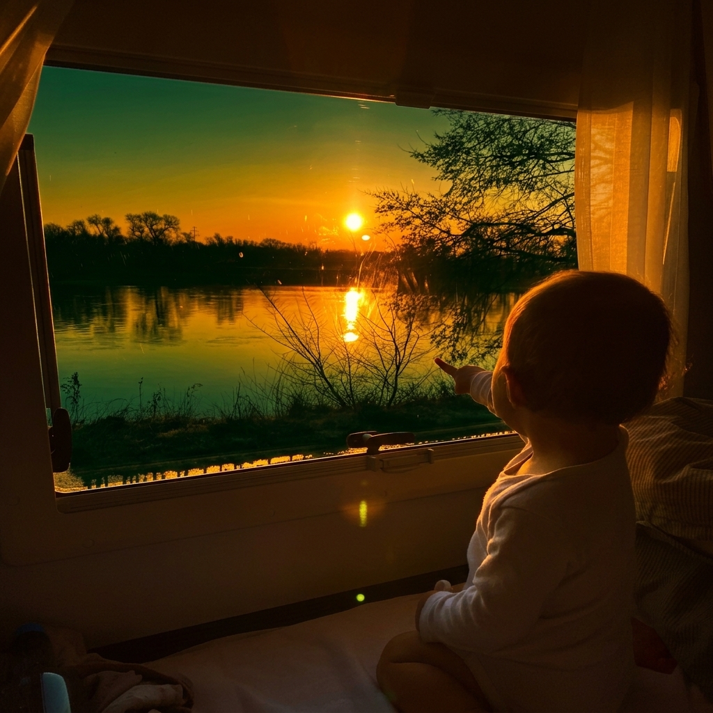 Kind zeigt auf Sonnenuntergang