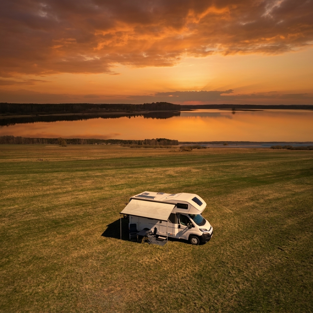 Drohnenansicht Wohnmobil am See bei Sonnenuntergang